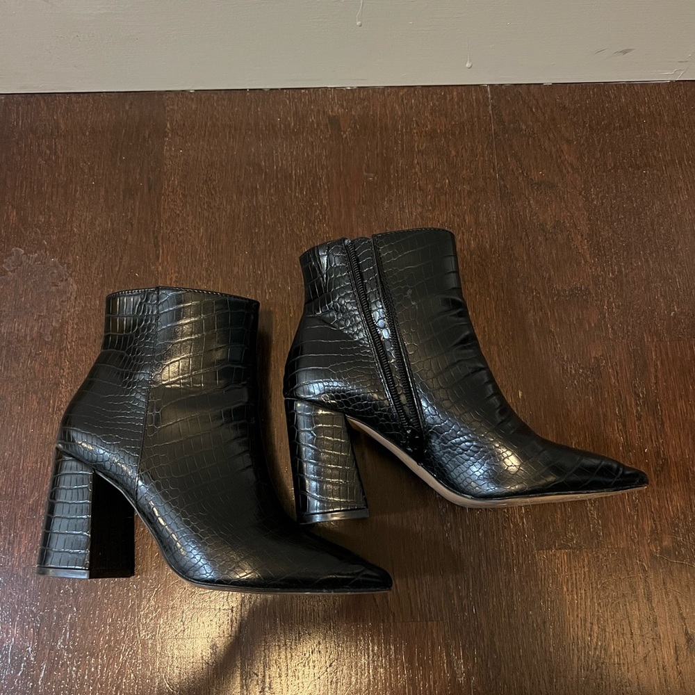 Express, snake pattern faux leather heel booties